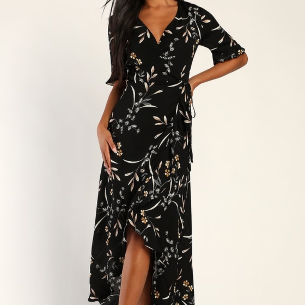 Lulus Wild Winds Black Floral Print High-low Wrap Dress - Size M